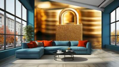 A golden padlock stands in front of a background of shimmering gold coins, symbolizing security and wealth in finance. Wall mural