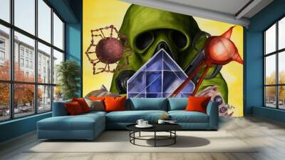 A painting of a green hazmat helmet with a clear crystal in front of it. Surrounding the helmet are various objects including a red ball, a pair of tongs, a robot, and a creature with a spider-like bo Wall mural