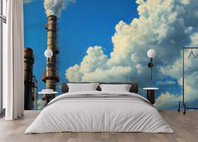 A stunning industrial landscape showcasing smoke billowing from tall chimneys under a dramatic sky filled with fluffy clouds. Wall mural