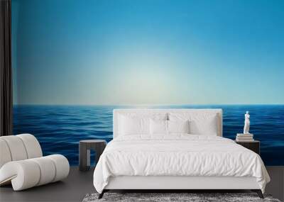 A tranquil ocean scene featuring a serene blue horizon and gentle waves under a bright sun. Wall mural