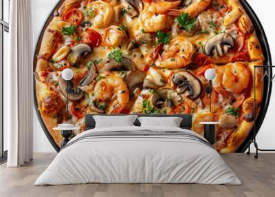 Delicious seafood pizza topped with shrimp, mushrooms, tomatoes, and parsley on a golden crisp crust, ready to serve and enjoy. Wall mural