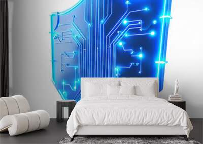 Futuristic blue digital shield with circuit patterns, representing cybersecurity and data protection technology on transparent background. Wall mural