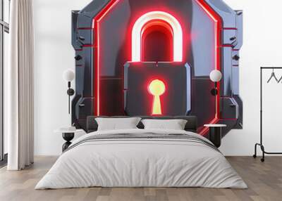 Futuristic glowing lock on shield symbolizing cyber security and data protection. Ideal for tech, cybersecurity, and digital safety themes. Wall mural