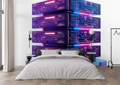 Futuristic server stack with glowing lights, representing advanced technology, data storage, and network infrastructure. Wall mural