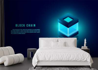 Vector realistic 3d cubes with blue glowing on dark blue background. Wall mural