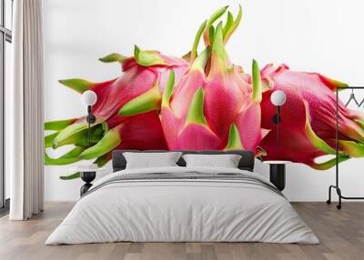 Vibrant and fresh dragon fruit showcasing its unique pink skin and green leaves, perfect for healthy food photography. Wall mural