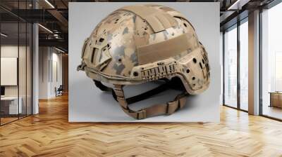 A close-up view of a military-style helmet with a camouflage design. it is designed for tactical or combat use Wall mural