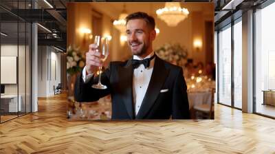 A handsome man dressed in a black tuxedo with a bow tie is holding up a glass of champagne with elegantly decorated tables and chandeliers in the background Wall mural