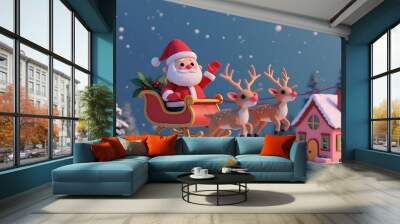 Cheerful Santa waving from his sleigh, pulled by reindeer, in snowy landscape with cozy house. festive scene capturing joy of holiday season Wall mural