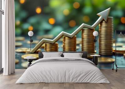 financial growth concept featuring stacks of coins and upward arrow, symbolizing increasing profits and investment success. image conveys sense of prosperity and optimism Wall mural