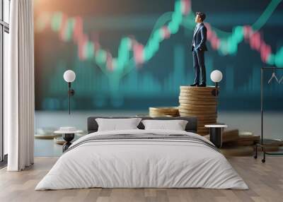 miniature figure stands confidently atop stack of coins, symbolizing financial success and investment growth against backdrop of fluctuating market graphs Wall mural