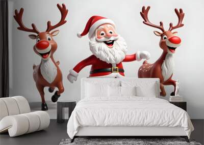 Santa Claus and his two reindeer smiling happily against a white background Wall mural