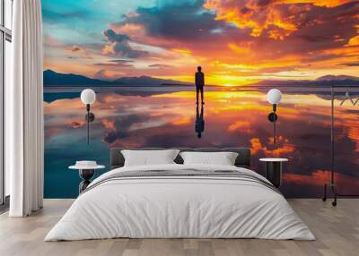  a man standing on lake surface in Bolivia at sunset, water reflection of sky, sky mirror Wall mural