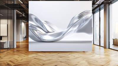 3d render of liquid silver wavy shapes, on white background, smooth and elegant curves, floating in the air Wall mural