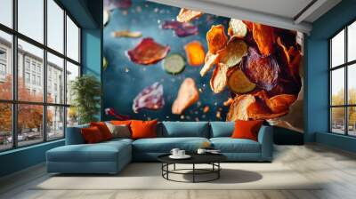 A bag of realistic dried carrot, zucchini, beetroot chips flying out, along with shattered dried zucchini chips Wall mural