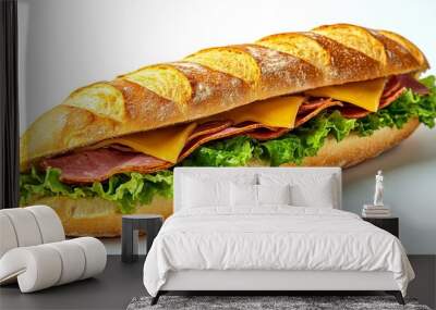 A baguette sandwich with ham, cheese and lettuce isolated on white background  Wall mural