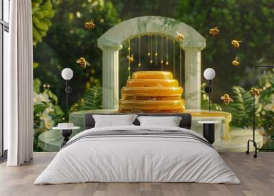 a beehive stands in the middle of a marble podium. the colors of the podium are gold and light green, honey drips from the sides of the podium, the bees fly. In background a lush green garden Wall mural