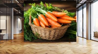 A bunch of fresh organic carrots with green leaves fills the basket Wall mural