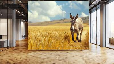 A donkey running through a golden wheat field Wall mural