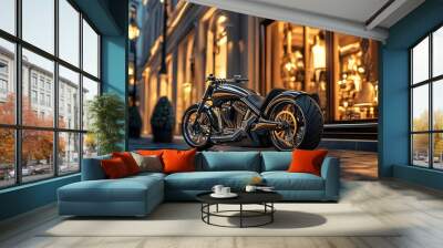 A Stylish Motorcycle Leaning Against a Luxurious Store, Reflecting Modern Elegance and Design Wall mural