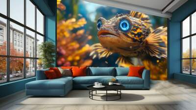 A Vibrant Underwater Ecosystem Highlighting the Interactions of the Blue-eyed Pleco Wall mural