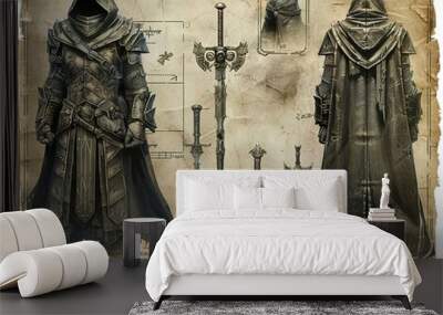 a wizard gamecharacter, in full armor, a cool sword, character sheet Wall mural