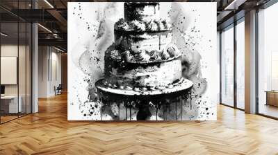 birthday cake, celebration, white black watercolor illustration Wall mural