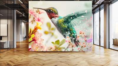 double exposure photo of a flying hummingbird between flowers Wall mural