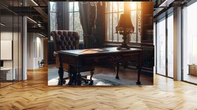 Elegant Mahogany Office Workspace with Large Desk and Comfortable Chair Bathed in Natural Light Wall mural