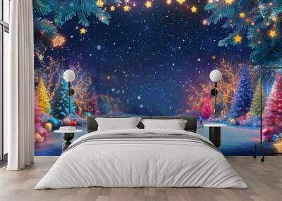 Festive Vibrant Winter Banner Card Featuring Skating Figures and Central Space for Personalized Text Wall mural