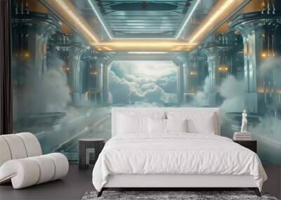 futuristic and stylish esports exhibition center based on a futuristic idealism high tech cloud city Wall mural