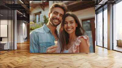 Happy young couple holding home keys after buying real estate - Husband and wife standing outside in front of their new house Wall mural