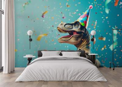 joyful trex in a birthday cap celebrates victory, throws up confetti, blue background with a white blank rectangle for text Wall mural