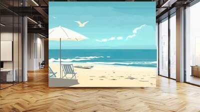 Minimalist poster design with light blue background, summer, beach, cartoon style, illustration Wall mural