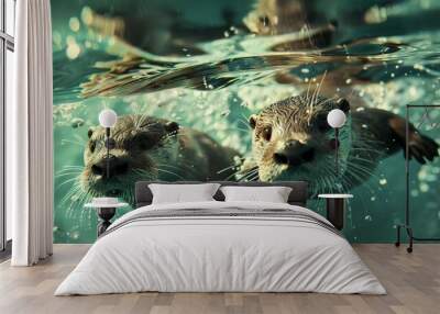 playful otters swim beneath the surface of the water Wall mural