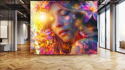 spiritual illustration of a beautiful female face with intense light and bright colored flowers Wall mural