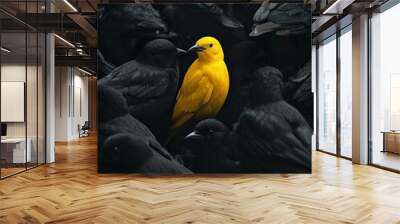 surreal illustration of a yellow bird alone, between black birds Wall mural