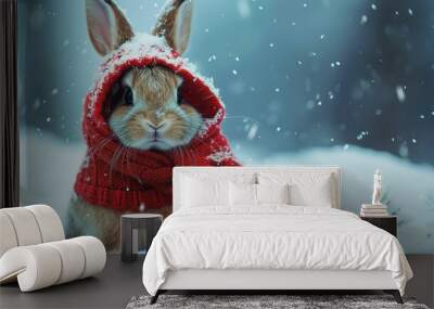 the cute looking bunny is sitting in a snow outfit Wall mural