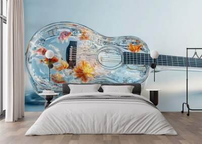 transparent guitar with water and goldfish inside, clear pastel background Wall mural