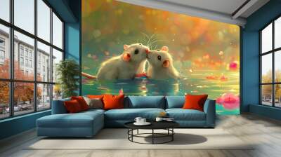 two happy poster graphic cute rat, on their backs floating in water hugging, bright, vibrant colored background  Wall mural