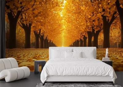 Two rows of towering ginkgo trees, their leaves entirely transformed into a orange-golden hue Wall mural