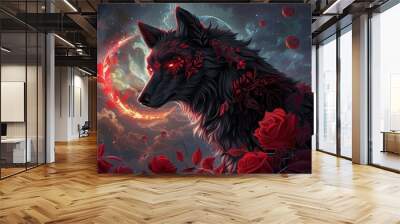 A mystical black wolf with striking red markings and intense eyes Wall mural