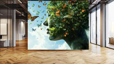 person's head made out of nature tree and butterflies Wall mural