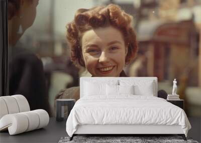 vintage color photograph of a conservative smiling woman with auburn hair collecting money Wall mural