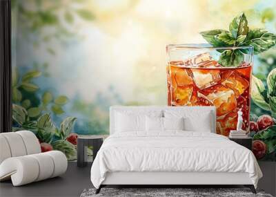 Watercolor artwork of a glass of whisky Wall mural