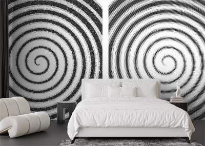 Abstract halftone-dotted hypnotic circles and shapes are isolated on a background. The pointillism design features psychedelic spiral lines and a geometric twirl spiral collection. Vector illustration Wall mural