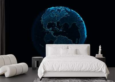 Digital dotted planet earth isolated on a black background fit for layer compositing. Stylized world globe with glowing particle dots. Big data technology, communication, digital concept. 3D render Wall mural