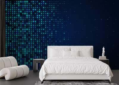 Futuristic illustration of blue glow digital data matrix of binary code numbers on a dark lcd screen background with copy text space. Technology, coding, cyberspace, security, or big data concept Wall mural