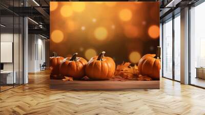 Background with Pumpkins and Autumn Leaves on Bokeh Background. For banners, posters and Greetings. Wall mural