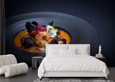 Delicious mediterranean seafood soup with mussels and prawns Wall mural